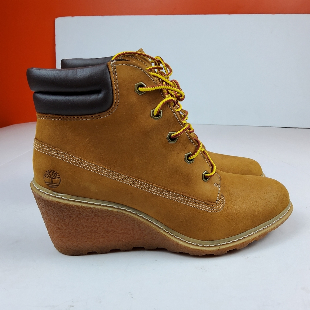 Timberland Women Lace Up Wedge Heel Ankle High Bootie Brown 6.5M